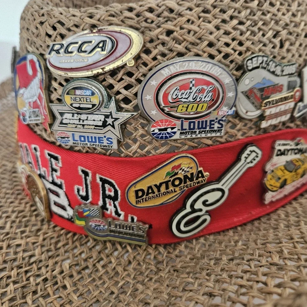 Dale Earnhardt Straw Hat With 40 Racing Pins NASCAR Automobile Some Vintage